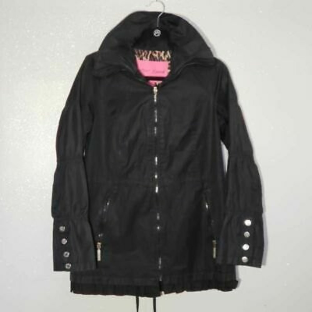 Betsey Johnson Womens Jacket Coat Black Zip Up Lined Ruffle Hem Mock Neck S